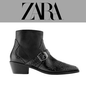 Zara Cowboy Heel Leather Ankle Booties with Micro Studs